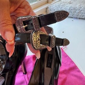 ETRO Peep-Toe Pump in Black Patent Leather with Antique Silver Buckles (Size 8)